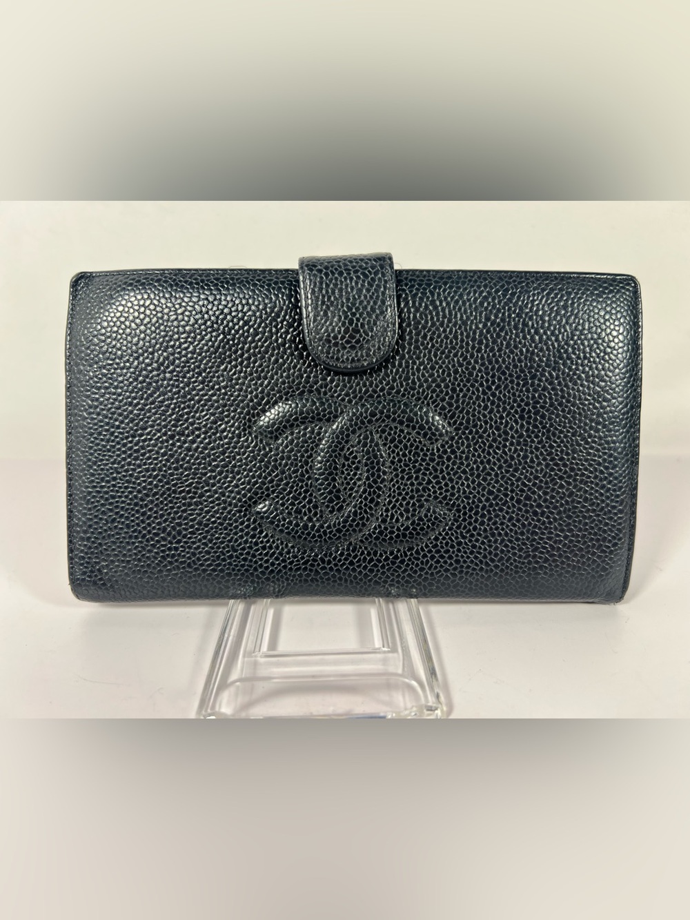 1243: Chanel CC Caviar Leather Long Wallet Organizer Black